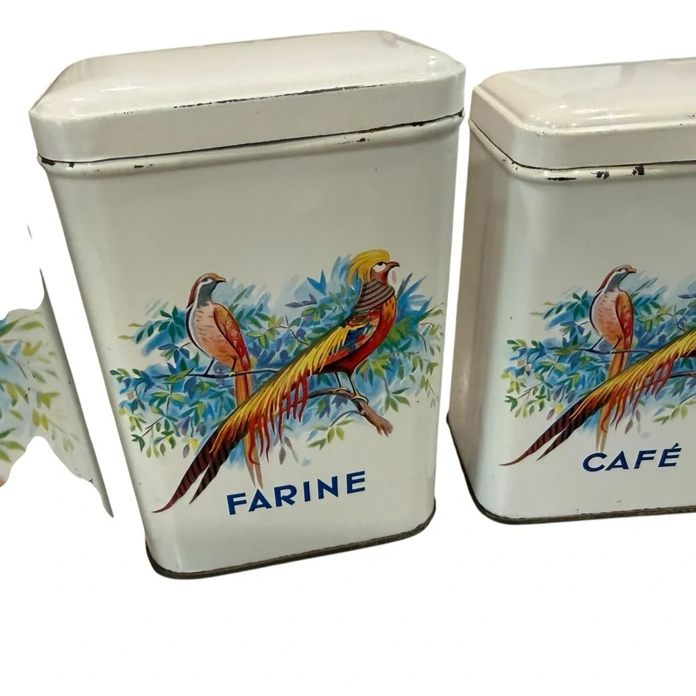 Antique kitchen Canisters Set of 5 Stackable  French 1920’s Tin With Lids As is